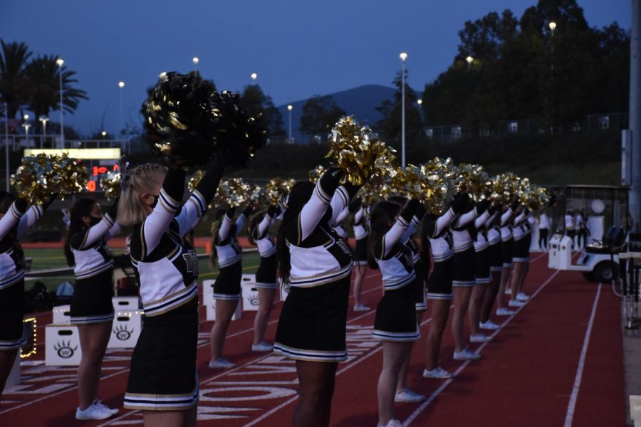 Cheerleaders chant encouragements and wave to the crowd, as the Wolverines begin their match against Vista High School, April 2. Photo by Alice Chen.