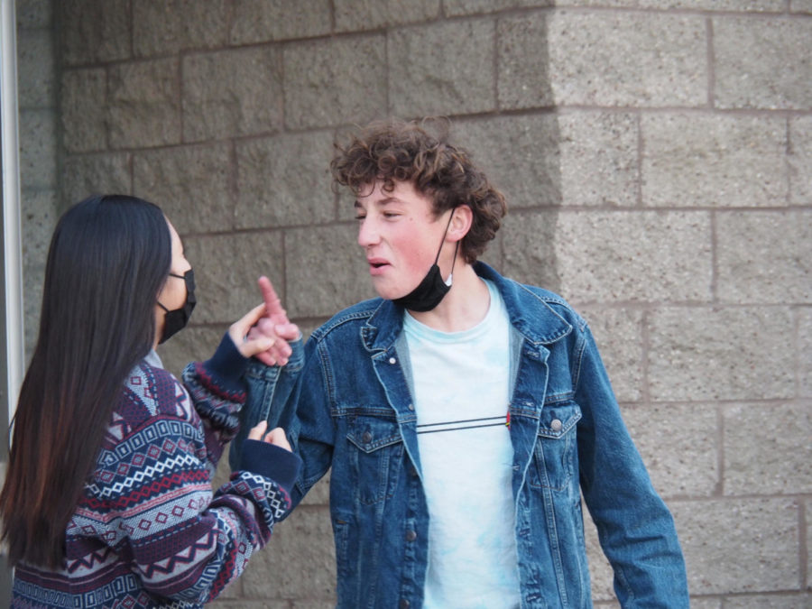 Cassandra Nguyen (12) and Kyle Dillon (11) work on developing their improv technical skills before the Feb. 11 competition with Del Norte. They are practicing setting their objectives for the Improv exercise. 