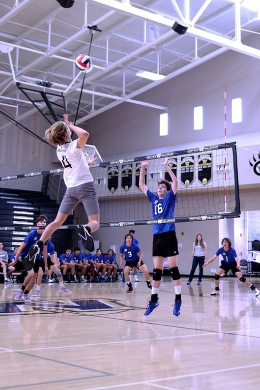 Luke Forster (12) spikes the ball at the senior night game against Del Norte, April 19. He has played volleyball since freshman year. Photo courtesy of the Forsters.