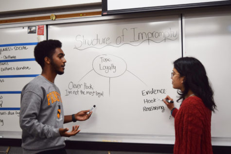 Rayyan Nasser (12) helps Nirja Trivedi (10) practice for the speech state competition. Both advanced to States, with Nasser competing in Impromtu speech and Trivedi placing 15th in International Extemporaneous speech.