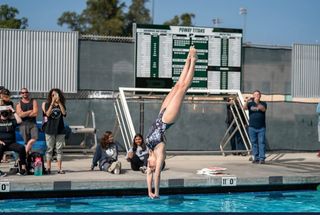 Anabella Mosolgo (12) performs a dive at the 2022 CIF State Championships, May 12. This was Mosolgo’s first time at CIFs, and she was the only diver to compete at CIFs for Westview.