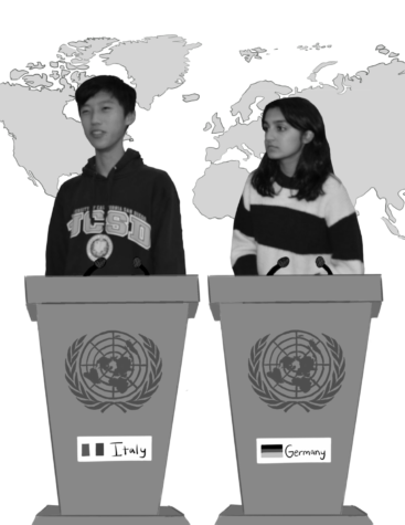 Max Liu (11) and Rajvi Shah (11) debate policy in MUN. The two students renewed the club this year.