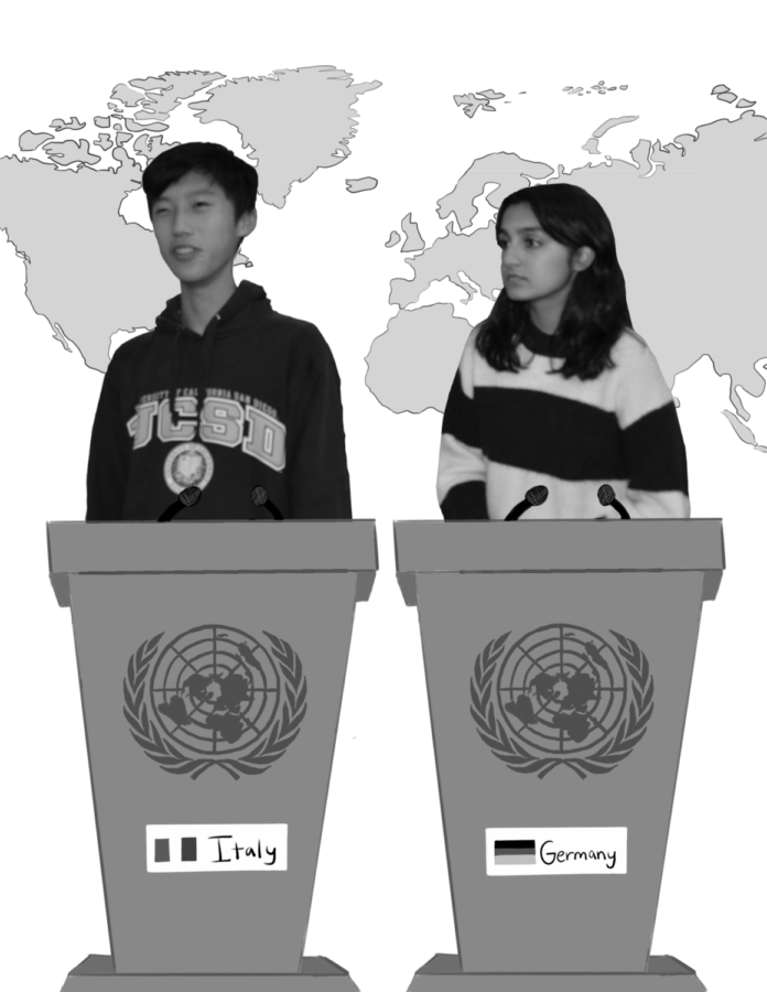 Max Liu (11) and Rajvi Shah (11) debate policy in MUN. The two students renewed the club this year.