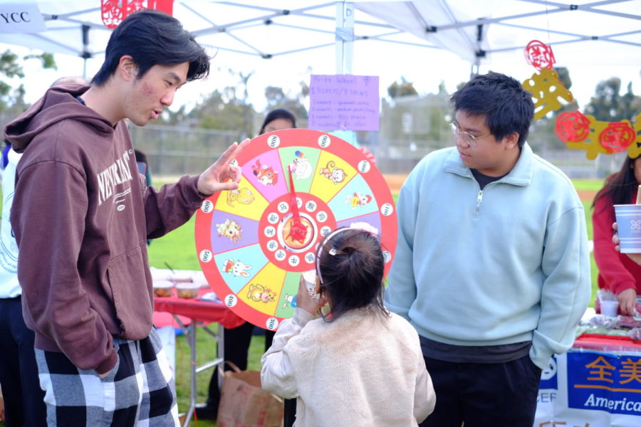 Jason Ye (12) and Kaiwei Shi (12) run the prize wheel at the Youth Care Club booth at the Hua Xia New Year Festival, Feb. 5. Students spun and won prizes, such as sweets.
