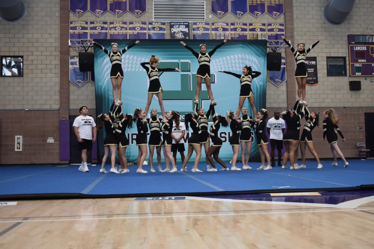 Julianne Diaz (10), Quinn Padget (10), Mia Ainekulu (11), and Bella Paguyo (9) execute an extension, Dec. 14. The competition cheer team performed their routine to "Shut Up and Drive" by Rihanna.
Courtesy of Danica Reed