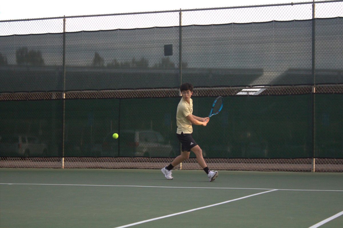 Julian Yang (12) plays against Mt. Carmel's number one ranked player, March 4. After playing seven sets, he eventually lost. 