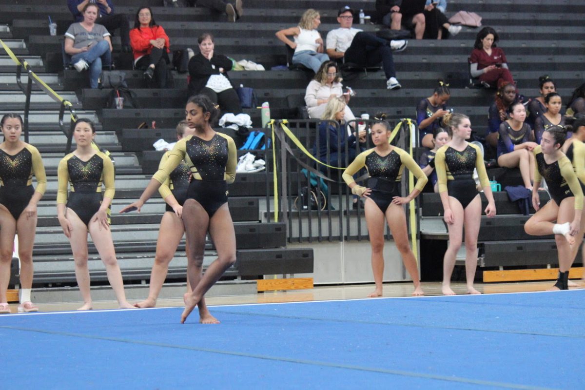 Kaushika Nayak (9) performs her floor routine at the team's last home meet against Del Norte, April 30. The team celebrated their Senior Night with a victory. 