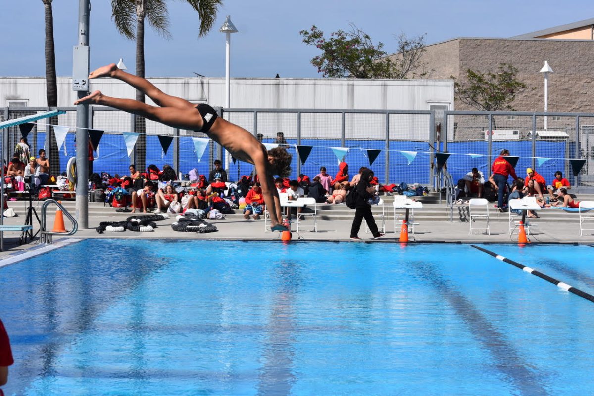 Evan Ferreira (9) dives in the meet against Mt. Carmel, April 24. The boys won their meet with a score of 115-68, while the girls team lost theirs 92-91. 