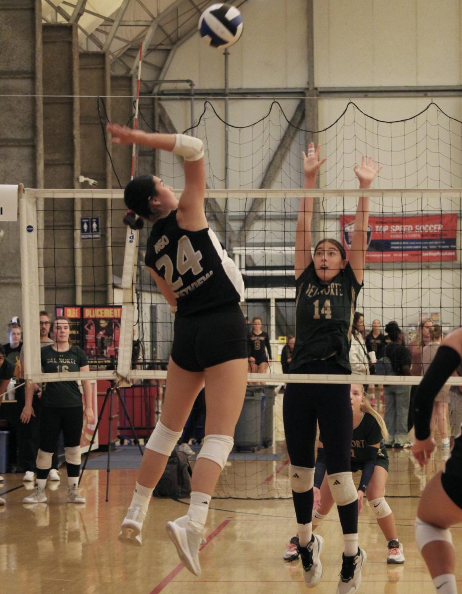 Gabrielle Ngo (11) spikes the ball in the second set against Del Norte in the San Diego Varsity Classic tournament, Aug. 16. They won 2-1, clinching a spot in the semi-finals.