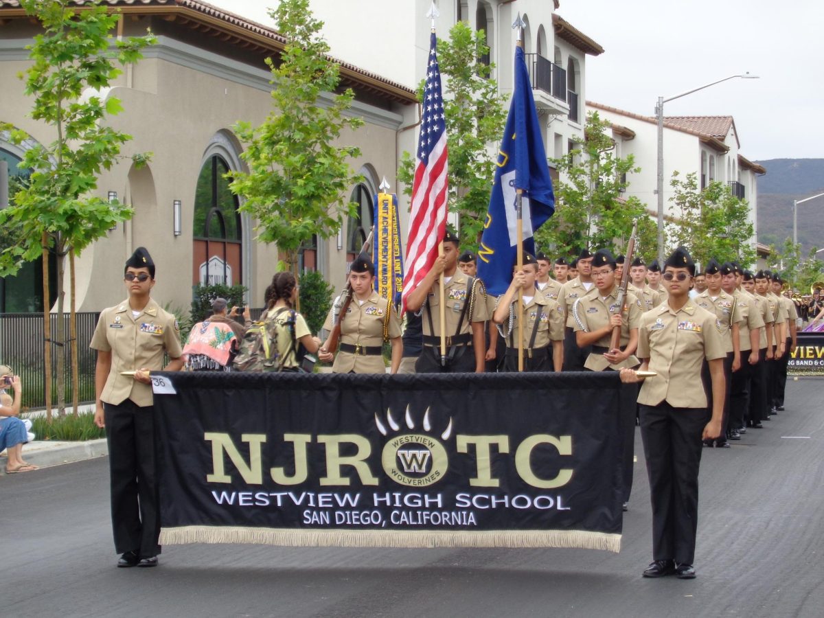 Siddhi Bhavsar (10) [left] and Riddhi Bhavsar (10) [right] carry the NJROTC flag, Sept 13. The annual Poway Rotary Parade gave the unit the chance to represent Westview.