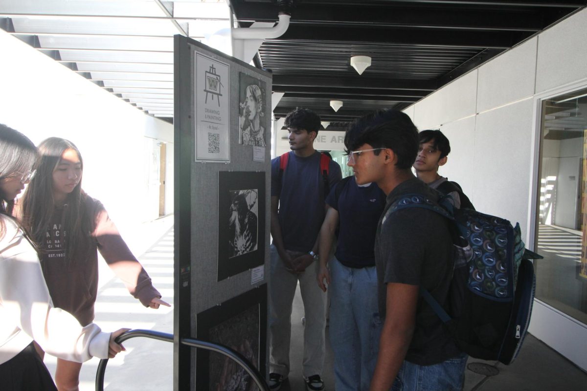 Nishk Shah (12) admires an art piece at Art Show and Open House, Dec. 10. Parents and students all came to the art show to see featured pieces from Fine Arts students. 
Courtesy of Matthew Kim.