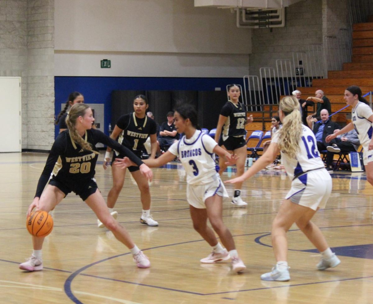 Mia Jacobson (12) surveys the court while her teammates get open and prepare to receive the ball. The Wolverines started with a strong lead, and they continued to apply pressure on Rancho Bernardo throughout the game, and in the end, Westview triumphed 60-36 against the Broncos, Feb. 4.