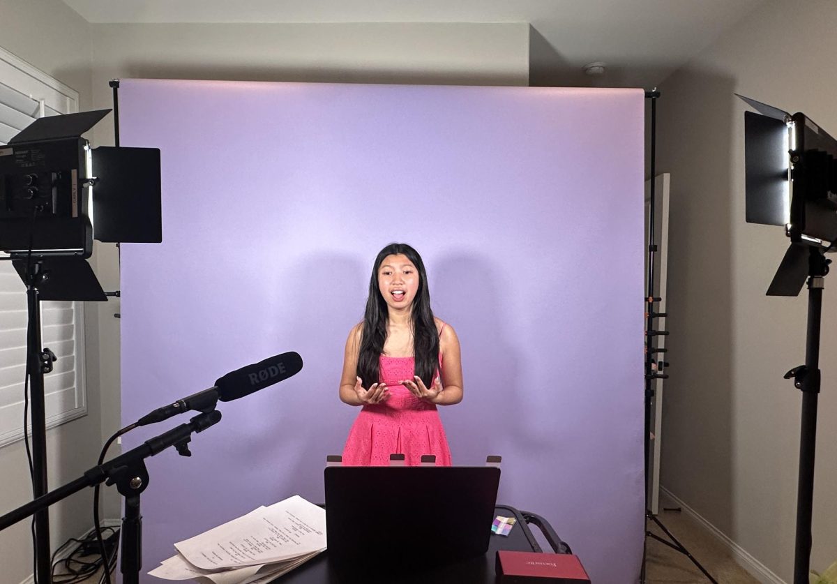 Carly Isleta (12) sings "When He Sees Me," from the Musical "Waitress" in front of her at-home recording set up, April 27. Isleta has been working on her prescreens for a year.
Courtesy of Carly Isleta
